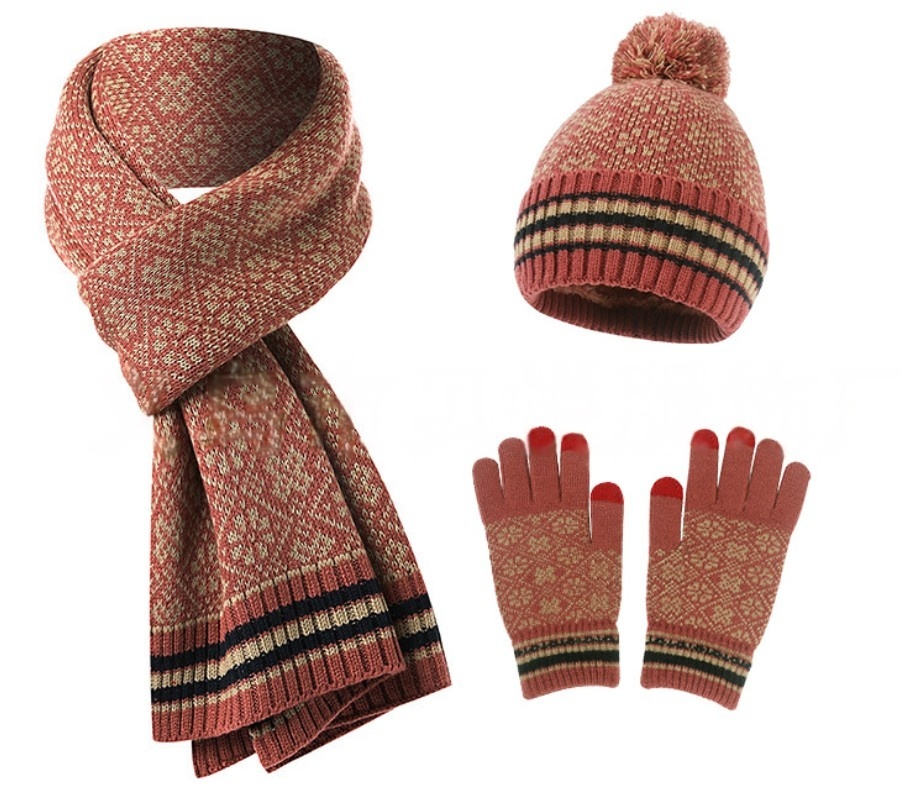 Fleeced Warm Knitted Jacquard Hat Scarf Glove 3 Piecs Sets For Women